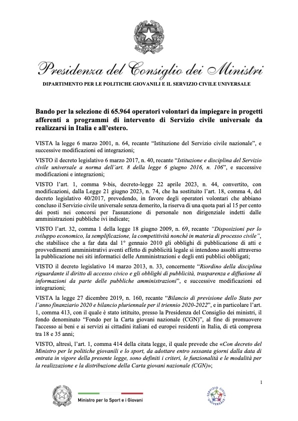 Bando 2026 per la sezione di volontari da impiegare in progetti di servizio civile universale in Italia e all'estero